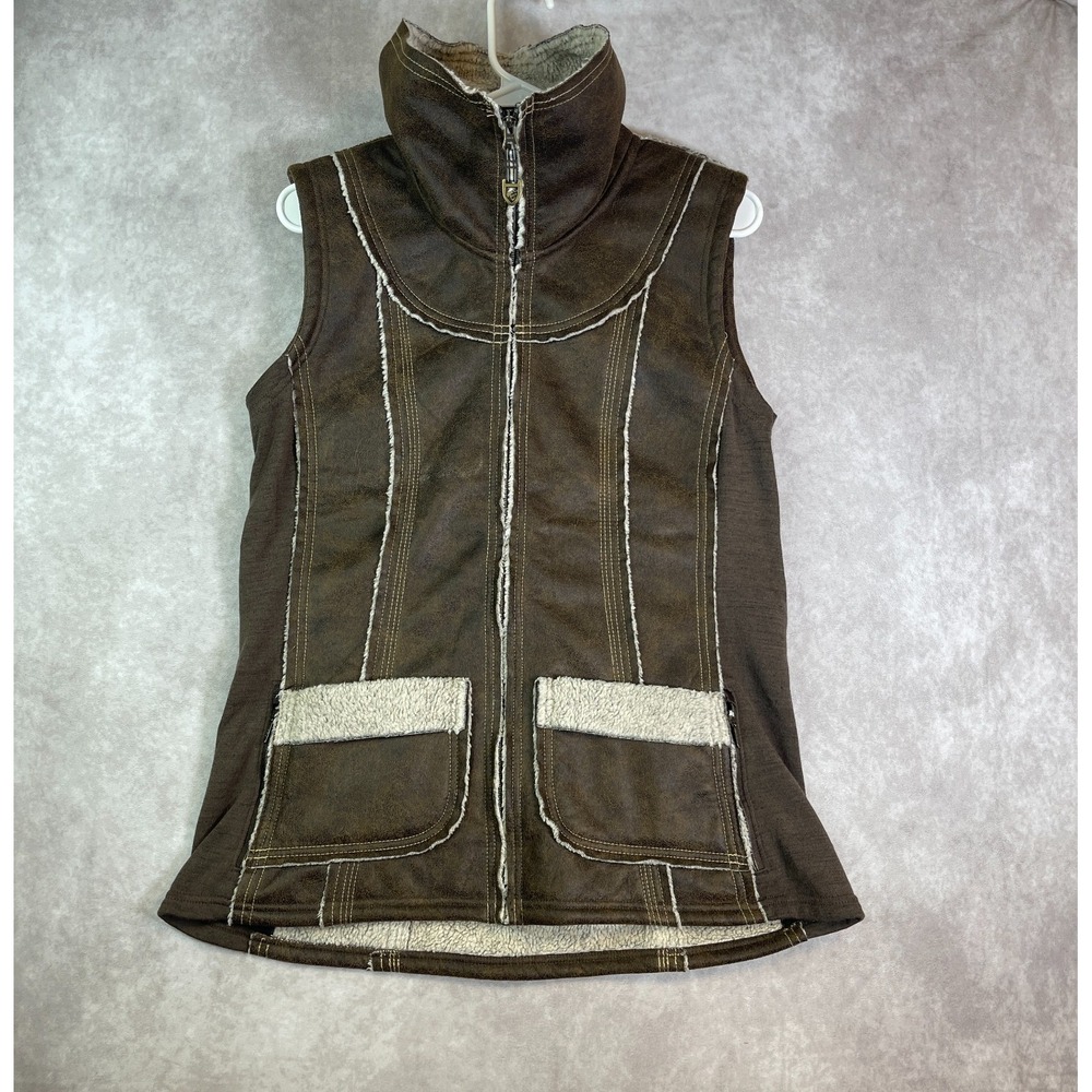 Kuhl Projekt Dani Sherpa Vest Womens Large Brown Wool Faux Leather Zip Up Hiking